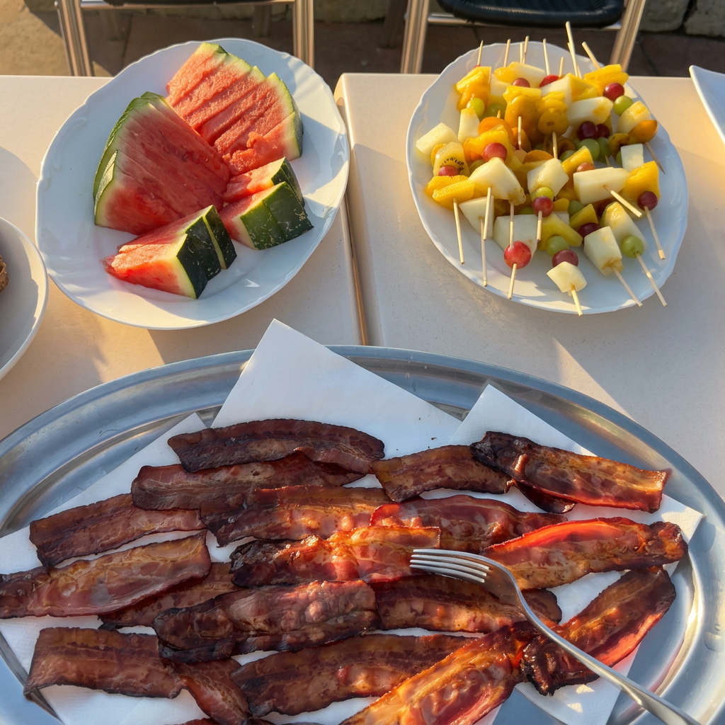 Crispy bacon with watermelon and fresh fruit skewers
