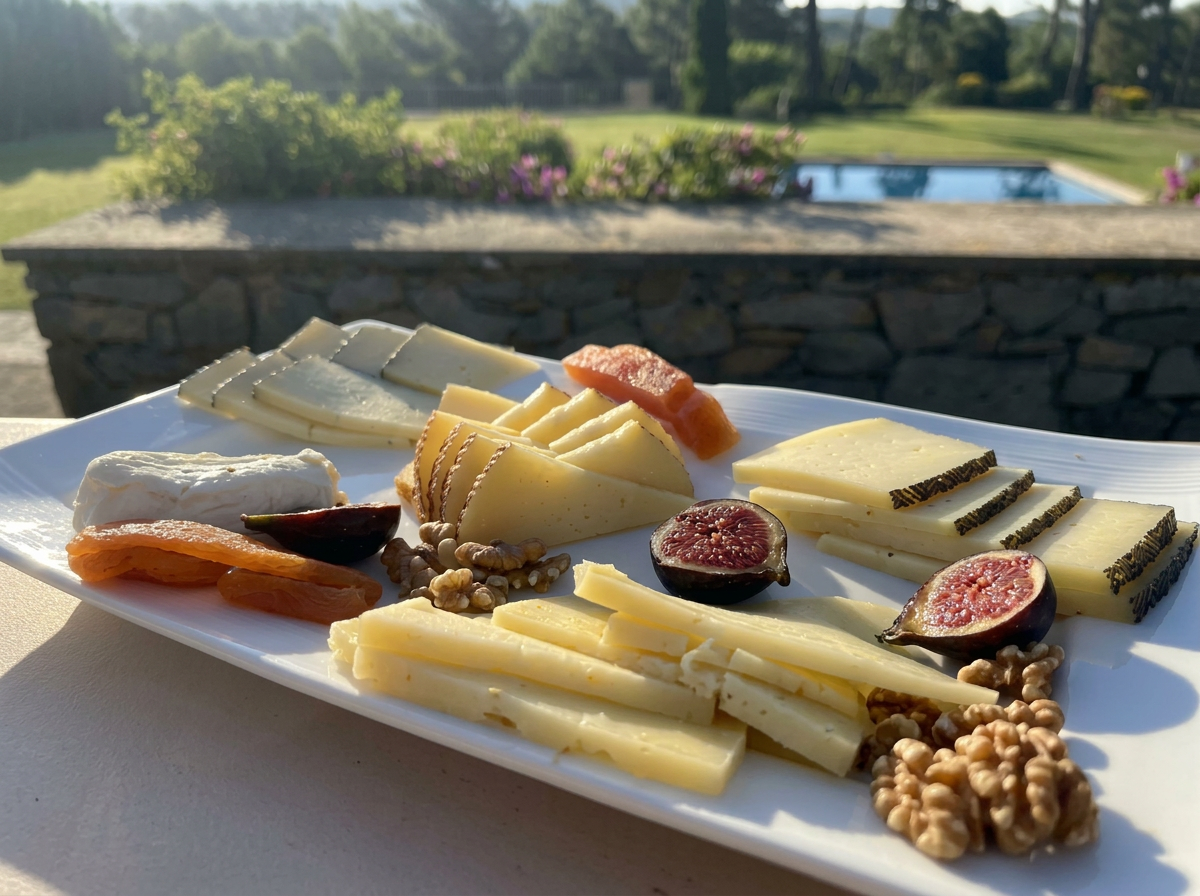 Cheese board with figs, walnuts and quince paste by the pool