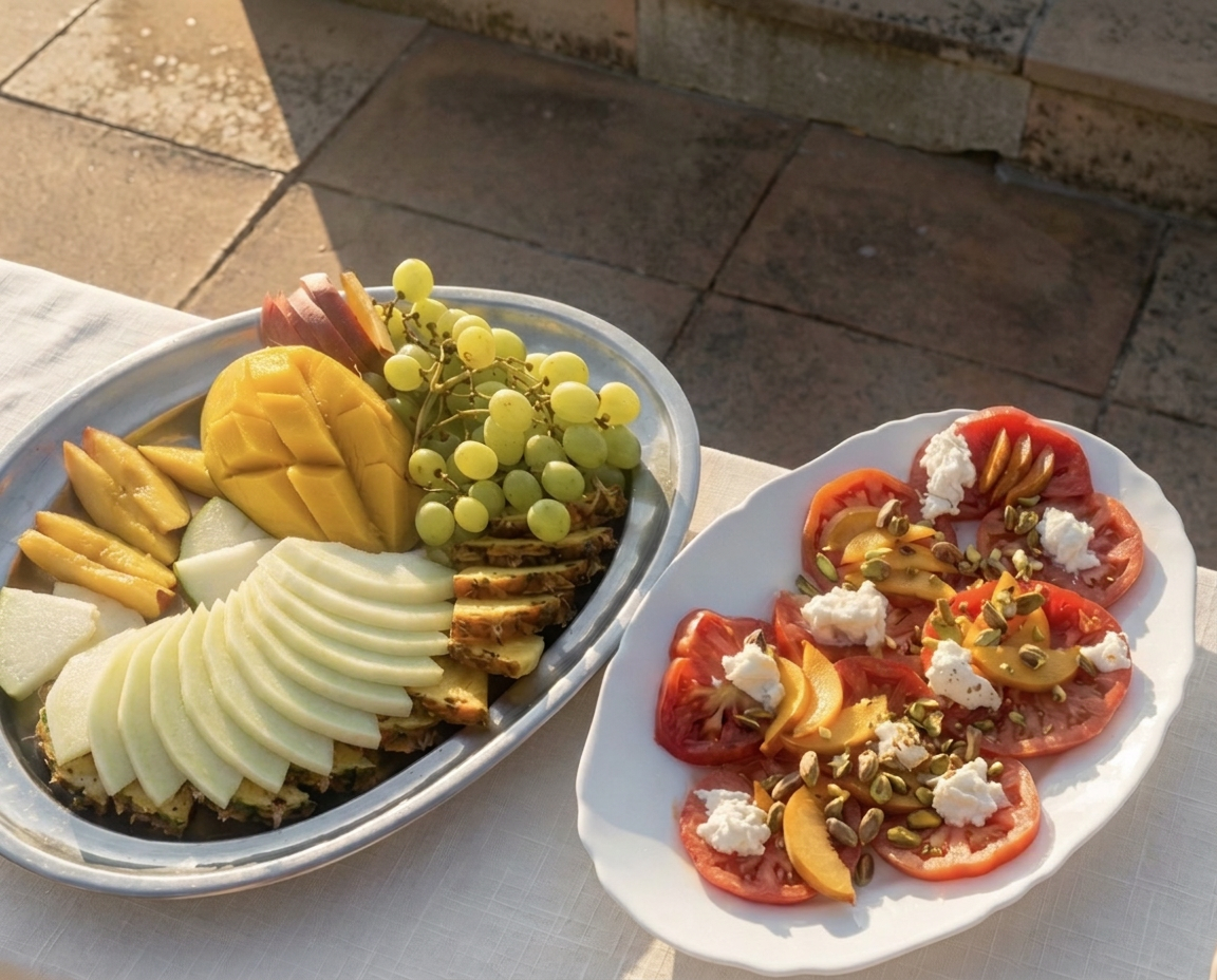 Fresh fruit platter with mango, melon and grapes beside tomato and peach salad with feta