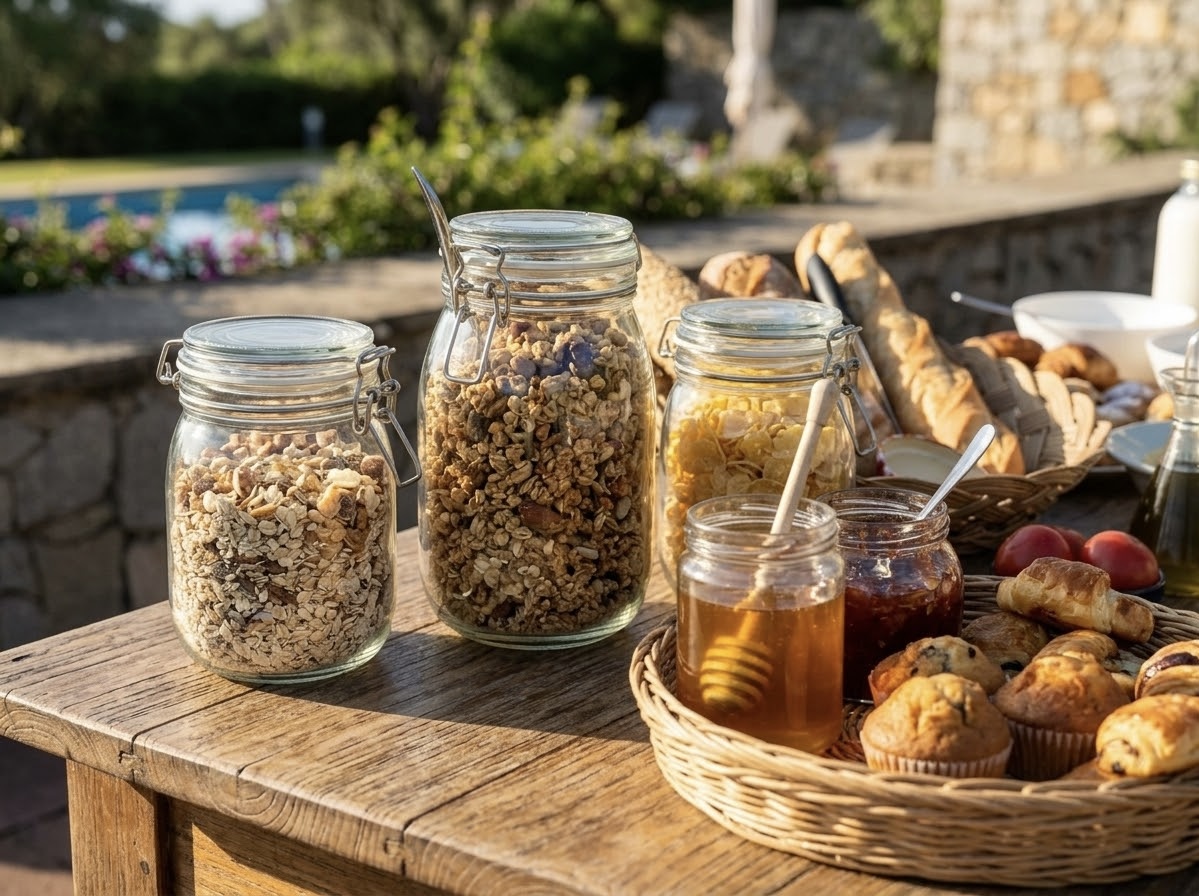Glass jars with homemade granola, cereals, honey and jams at an outdoor breakfast