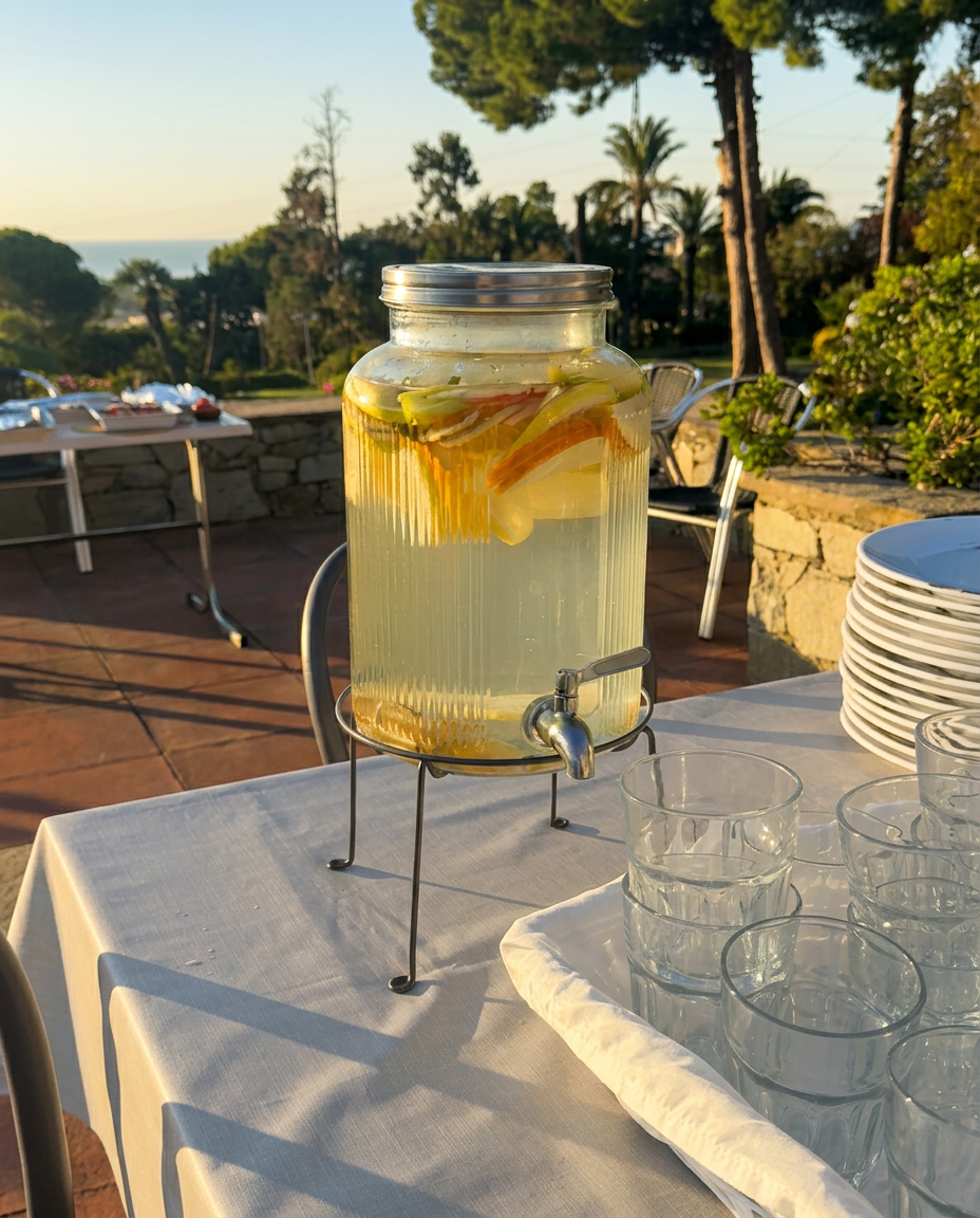 Fresh citrus water station with glasses at an outdoor breakfast
