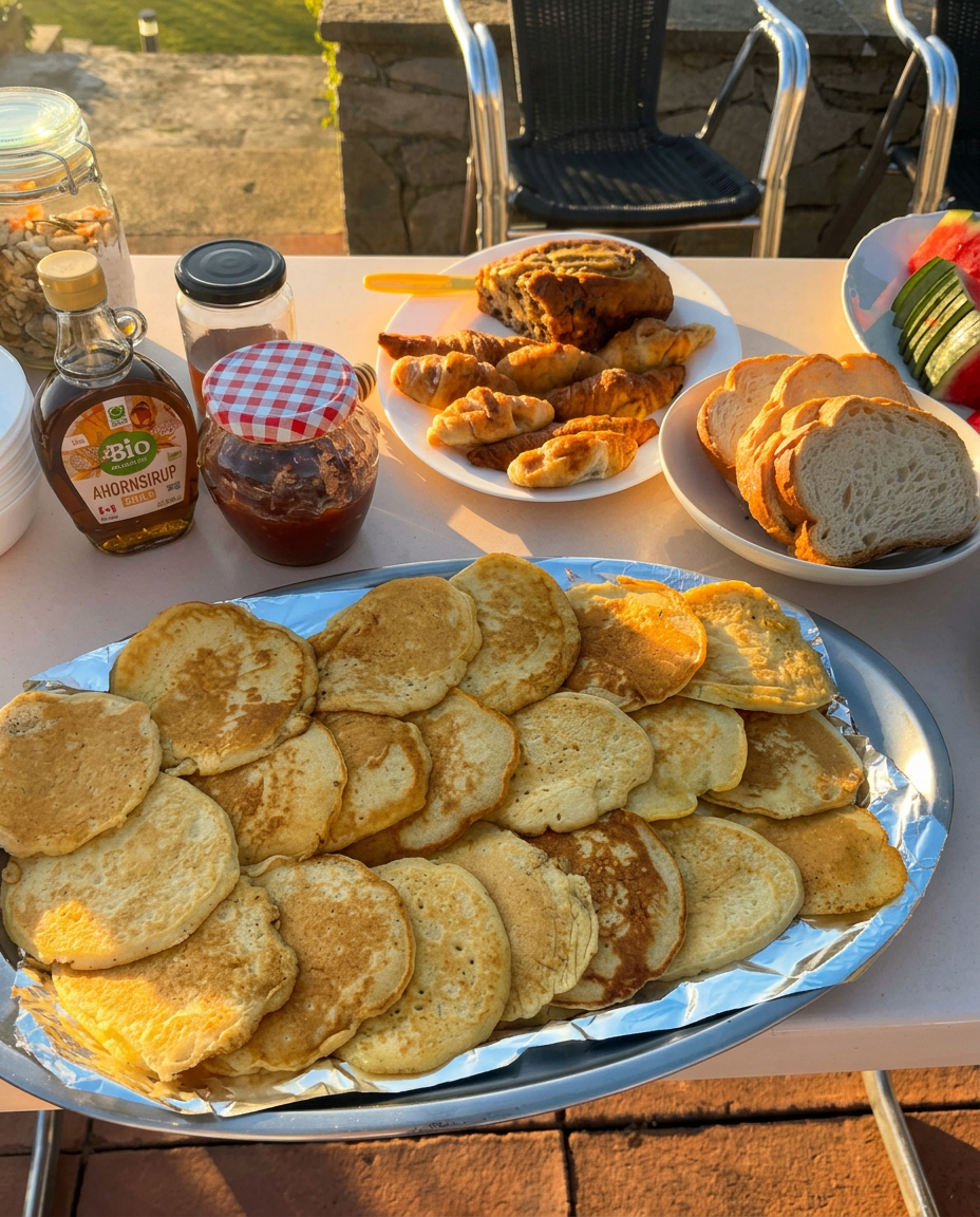 Large platter of homemade pancakes with pastries and bread