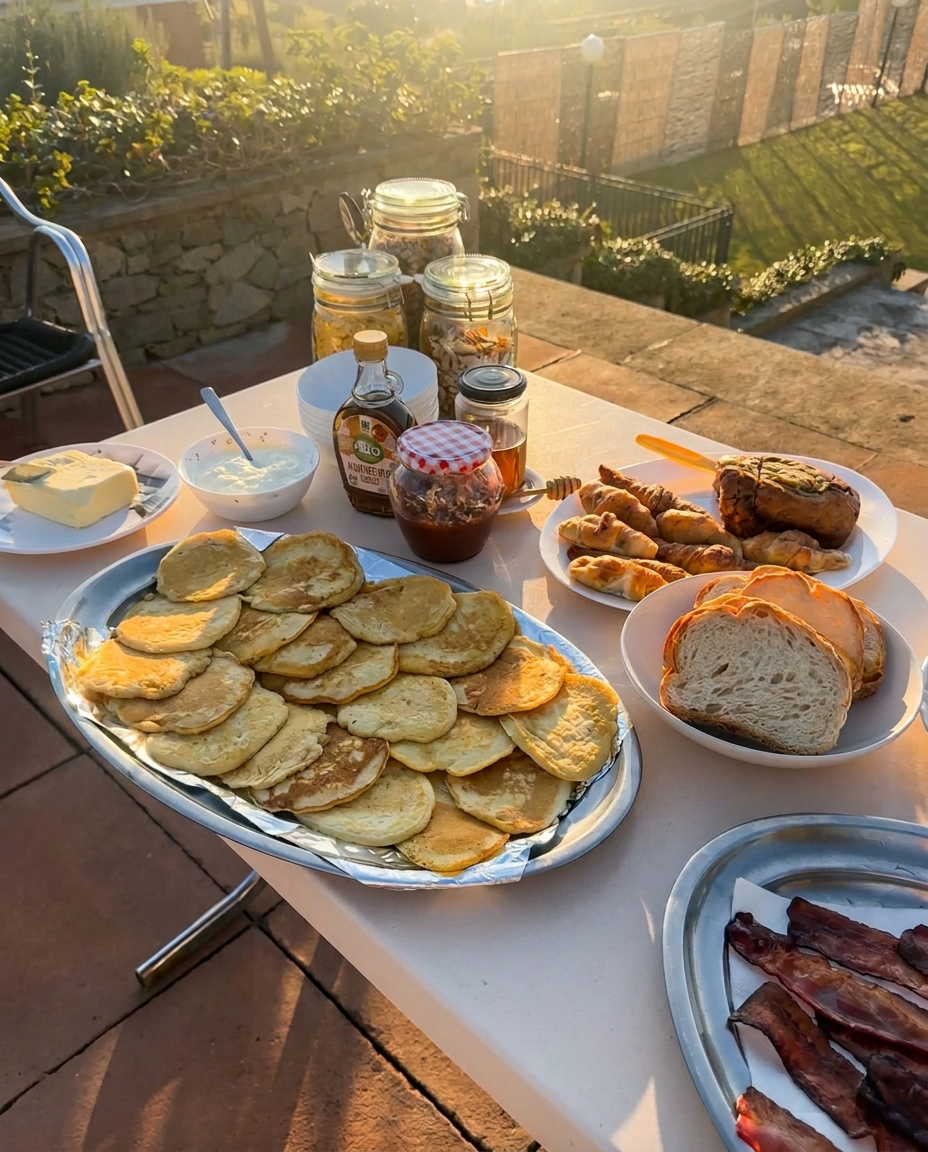 Homemade pancakes with pastries, bread, granola, honey and jam