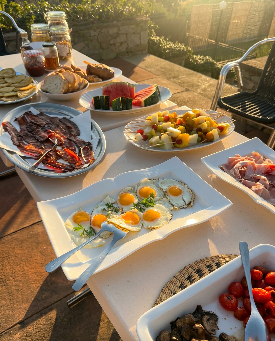 Outdoor breakfast spread with fried eggs, bacon, fruit and charcuterie