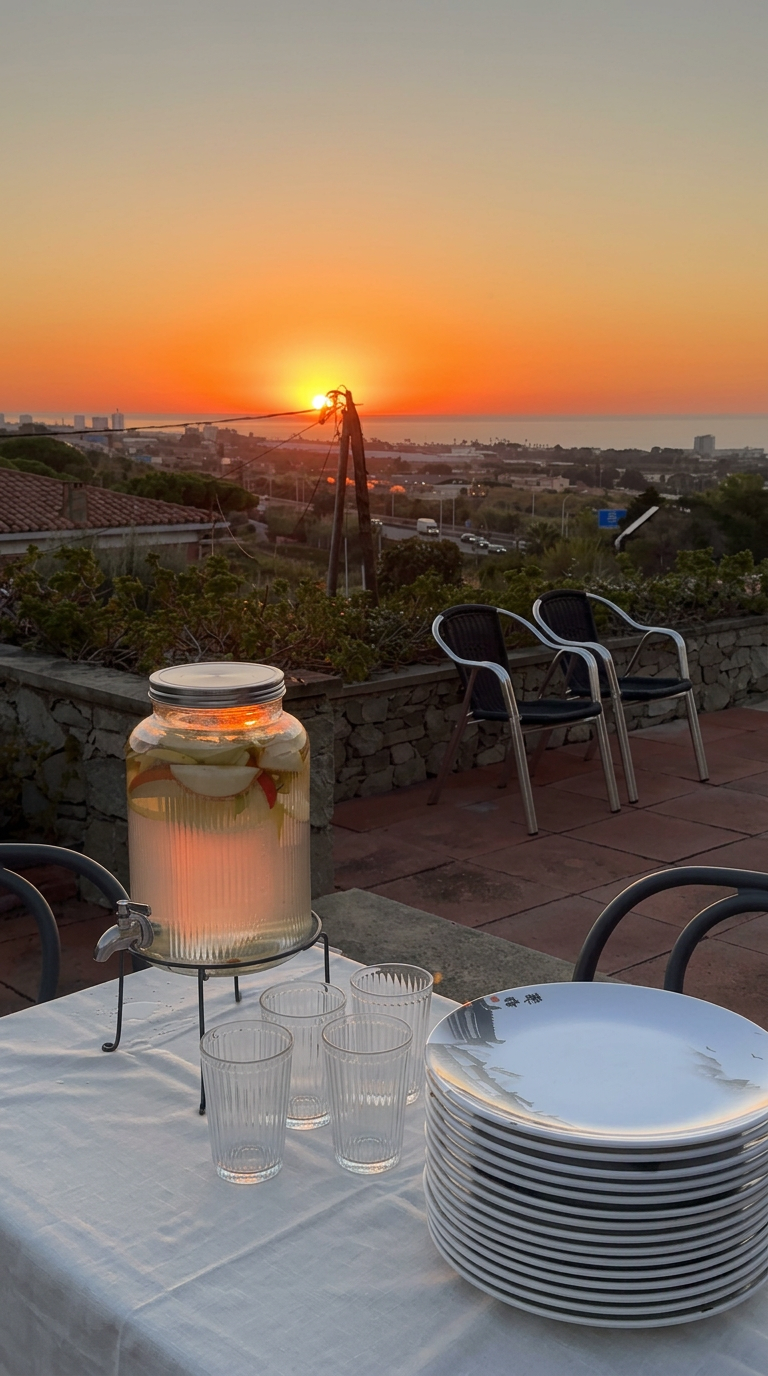 Citrus water dispenser with glasses on a terrace table at sunset overlooking the sea