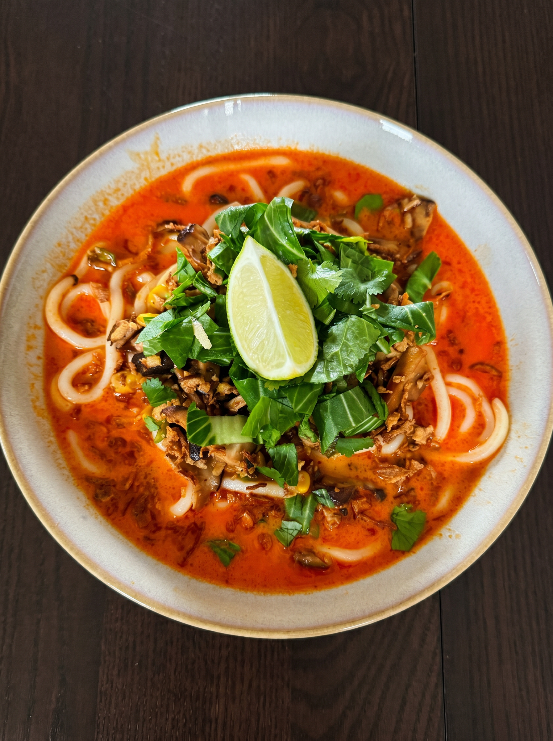 Red Thai curry noodle bowl with pak choi and lime