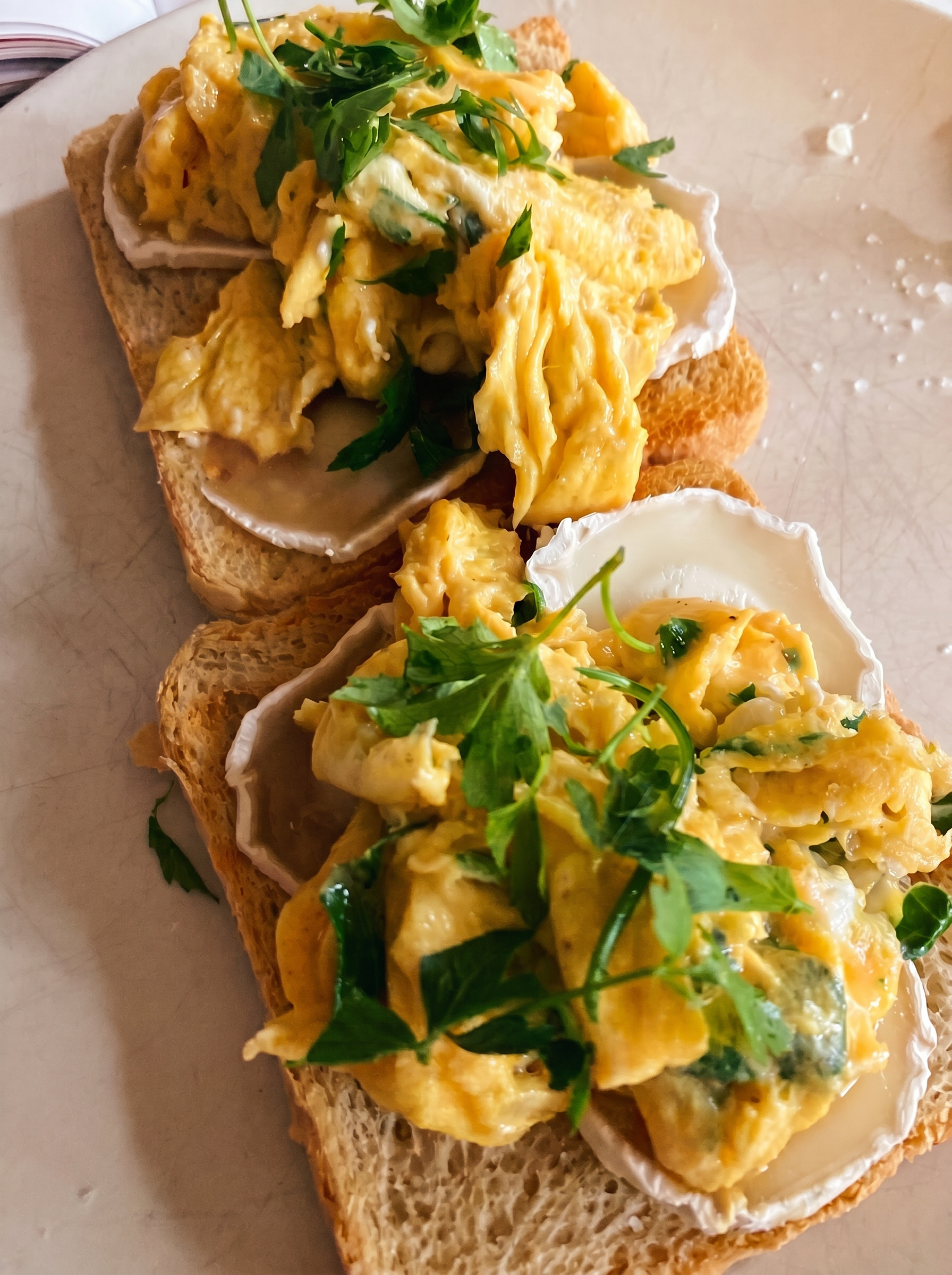 Scrambled eggs with goat cheese and parsley on toast