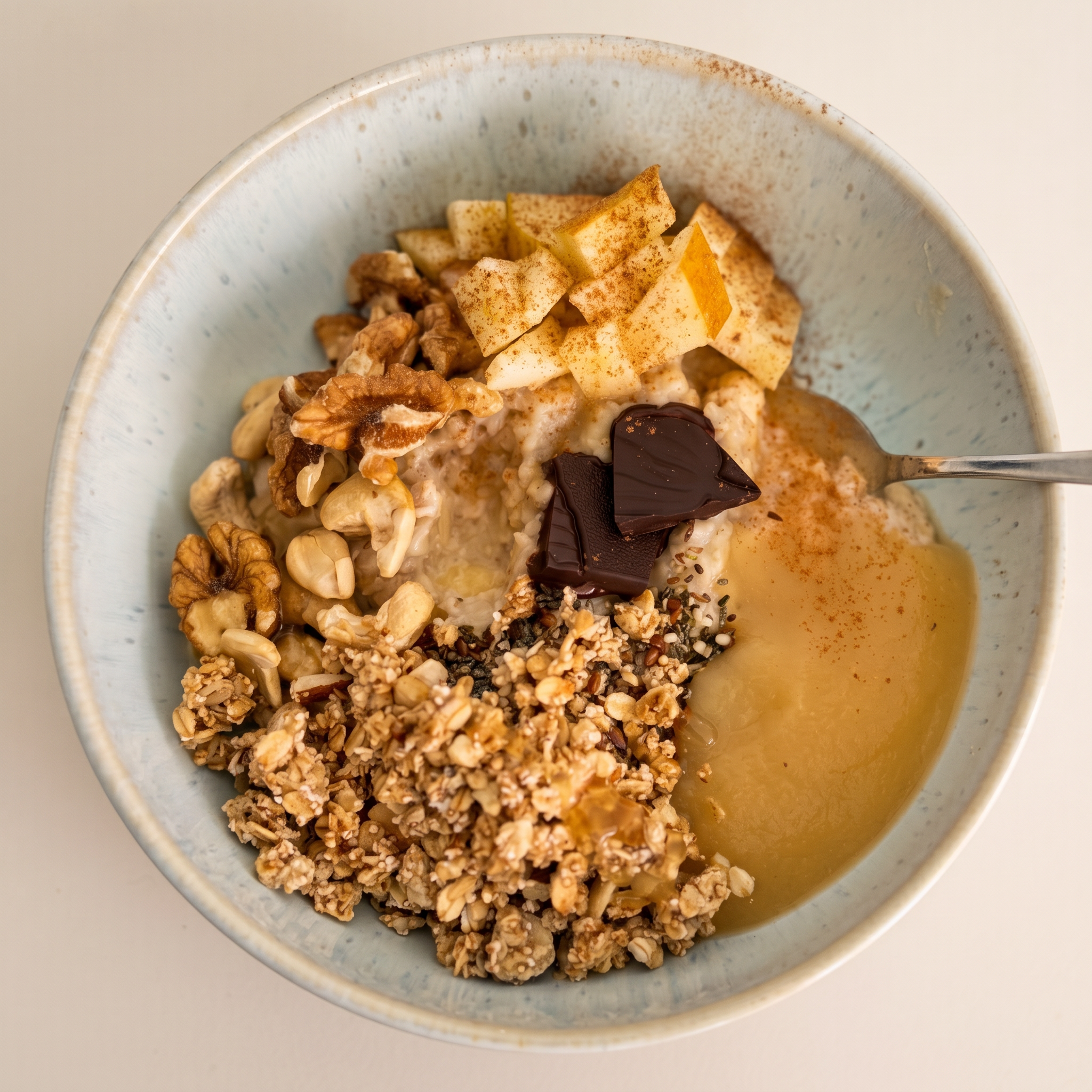 Porridge bowl with apple, walnuts, granola and dark chocolate