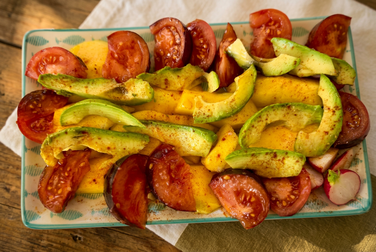 Mango, avocado and tomato salad with paprika