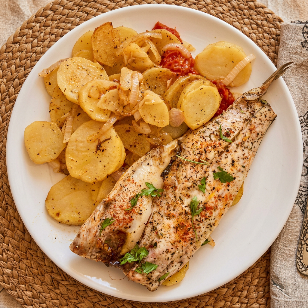 Baked sea bass with rustic potatoes, tomato and herbs