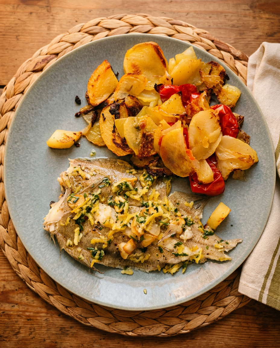 Baked plaice with lemon, garlic, parsley and roasted potatoes