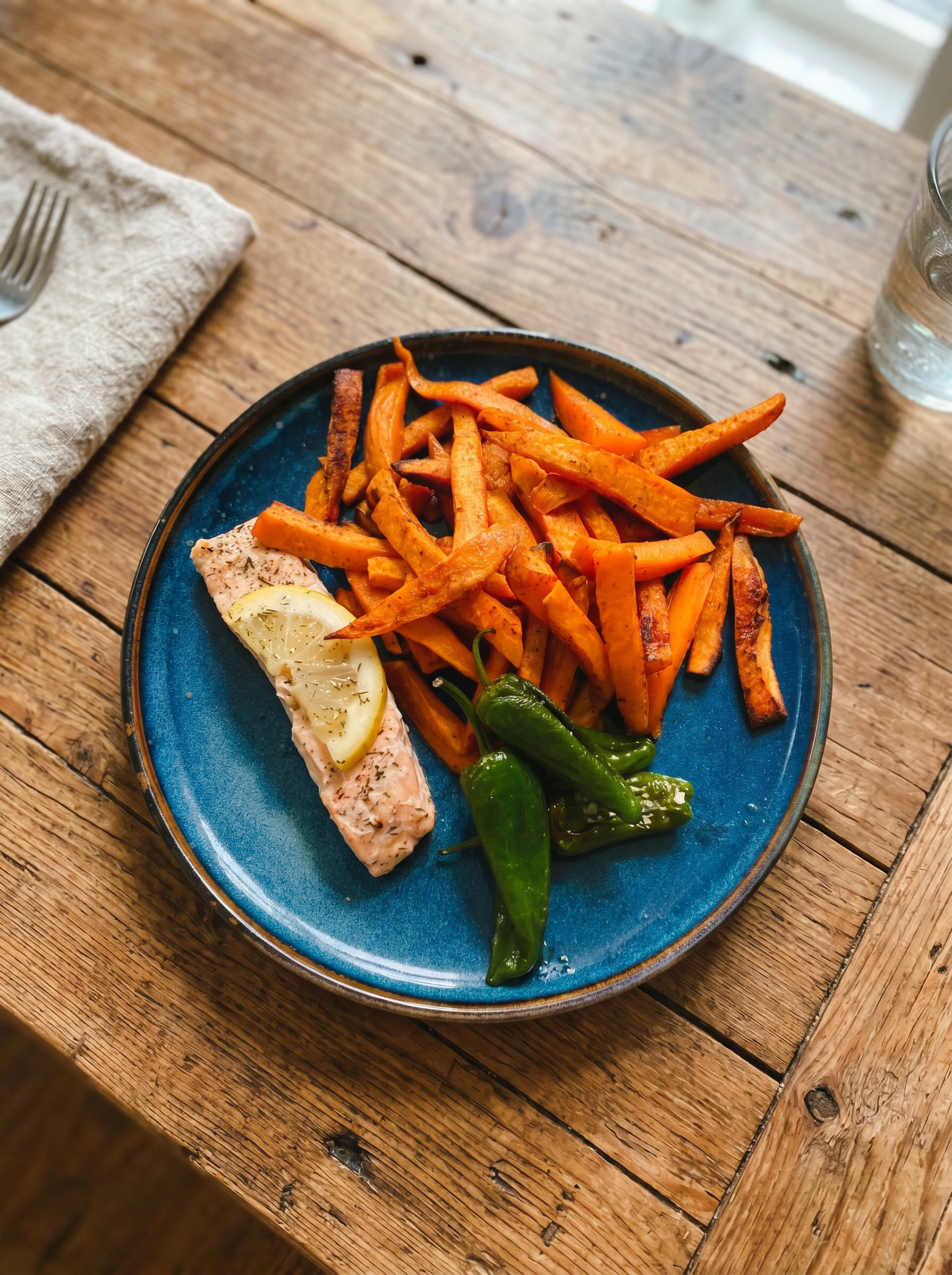 Baked salmon with sweet potato fries and padrón peppers